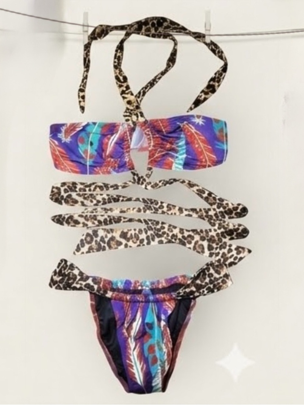 Victoria Secret Colorful Tropical Bandeau Bikini Top (M) Leopard Tie bottoms (S)